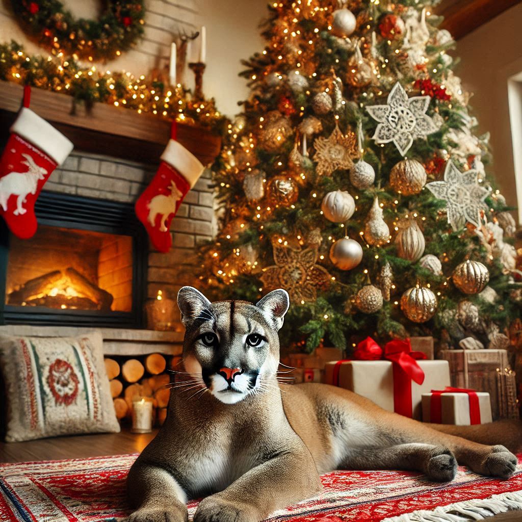 A cozy living room decorated for Christmas with a beautifully adorned Christmas tree. Beneath the tree, a large gray cougar is lying down, looking directly at the viewer. The scene is warm, festive, and inviting, capturing the spirit of the holiday season