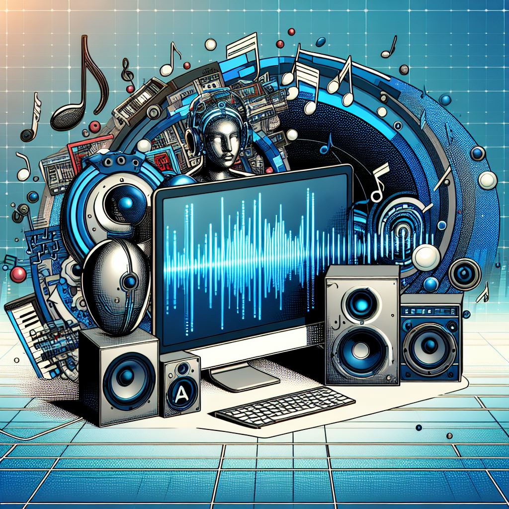 A 3D comic-style image with a futuristic theme, featuring elements of AI, computers, and futuristic devices. The image should be modern and innovative, with a color palette of blue, silver, and black. Include subtle musical notes or waveforms to reference SUNO's music.