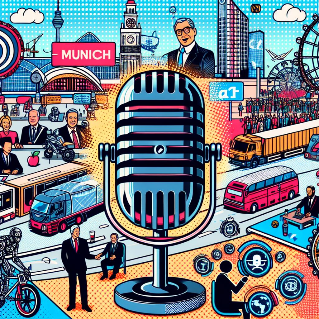 A comic-style podcast title image that includes elements of a microphone, transport and logistics fair in Munich, political figures meeting, and AI agents. The image should be visually appealing, fun, and suitable for a podcast episode cover.